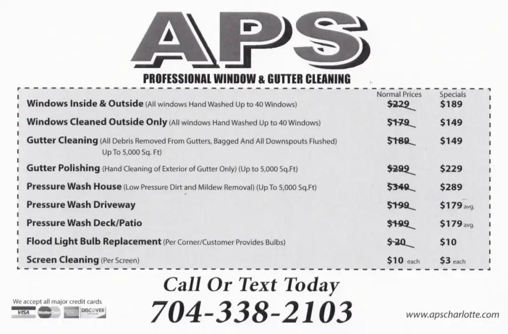 Promotional flyer for APS Window & Gutter Cleaning services featuring monthly specials on window cleaning, gutter cleaning, and pressure washing, with contact information for booking.