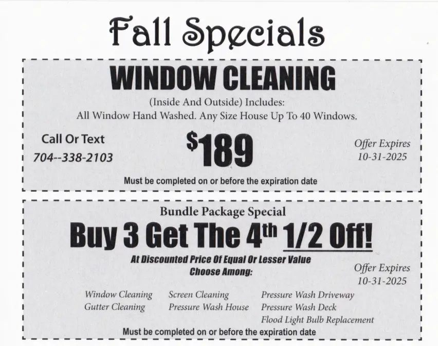 Fall specials for window cleaning service, featuring pricing of $189 for inside and outside window washing, and a bundle offer to buy three services and get the fourth at half price, with expiration date of 10-31-2025.