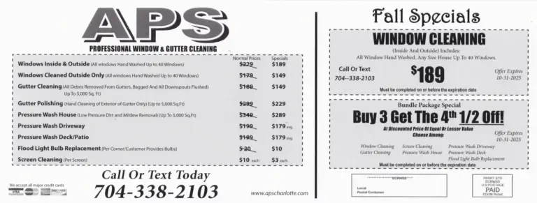 Promotional flyer for APS Window Cleaning and Gutter Cleaning featuring fall specials, including discounted prices for window cleaning, gutter cleaning, and pressure washing services, with contact information for scheduling.
