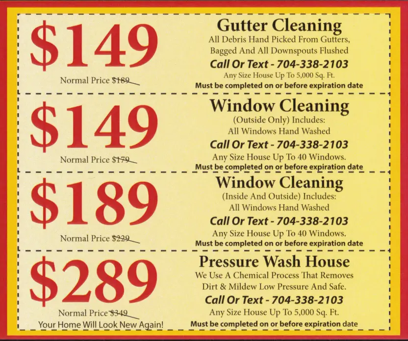 Promotional flyer for APS Charlotte featuring monthly specials on gutter cleaning, window cleaning, and pressure washing services, with pricing details and contact information.