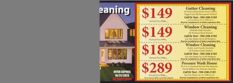 Promotional flyer for APS Charlotte featuring monthly specials on home maintenance services, including gutter cleaning, window cleaning, and pressure washing, with prices listed and a call to action for contacting the business.
