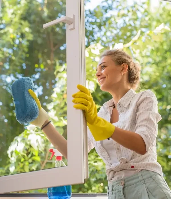 Woman cleaning a window with a blue cloth and yellow gloves, surrounded by greenery, representing expert window cleaning services in Gastonia, NC by APS Charlotte.