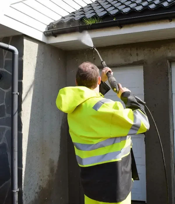 Man in high-visibility jacket using pressure washer to clean gutters and remove debris from roof in Monroe, NC.