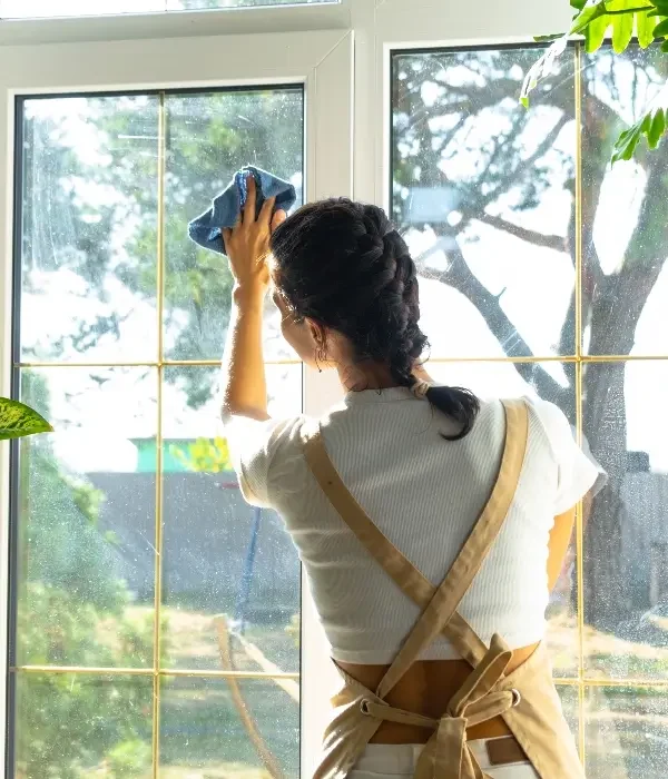 Woman cleaning a window with a blue cloth, showcasing professional residential window cleaning services in Monroe, NC, enhancing natural light and curb appeal.